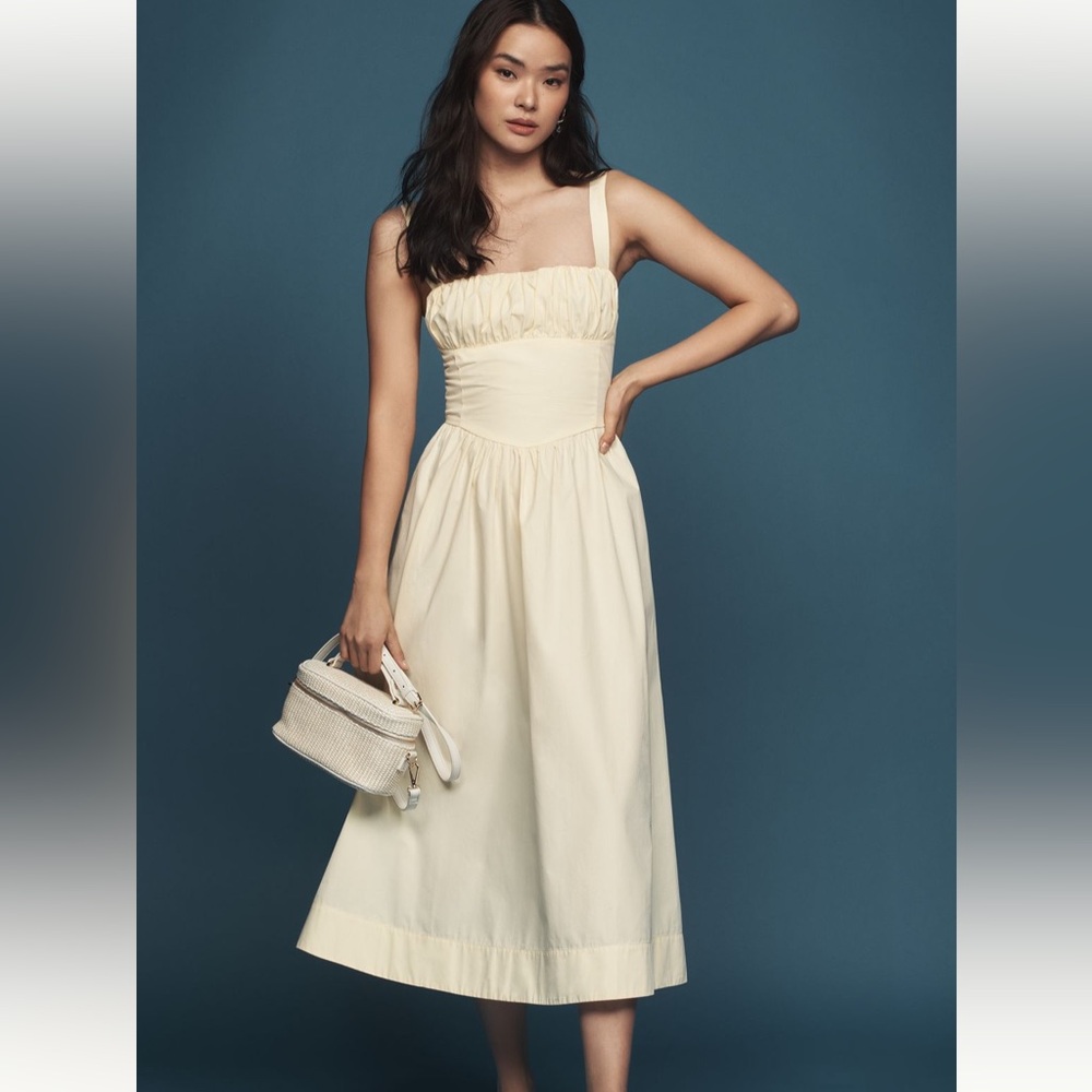 Anthropologie Drop Waist Ruched Midi Dress Butter Yellow Size XL NWT
